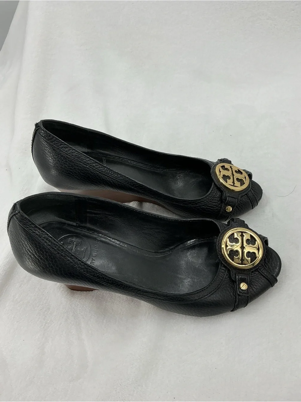 Tory Burch Black Leather Peep-Toe Heels with Gold Logo Medallion B47